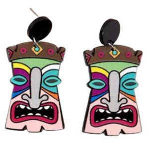 Large Big Colourful Hawaiian Tiki Mask Statement Earrings Multi Coloured